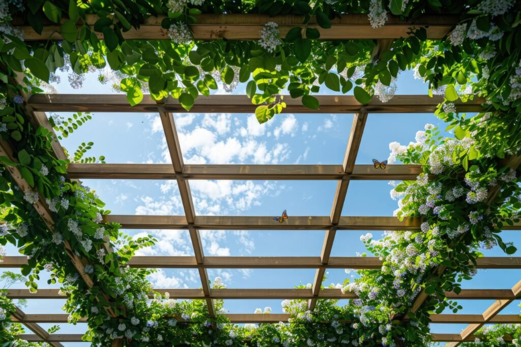 Glass roof pergola over an outdoor seating area